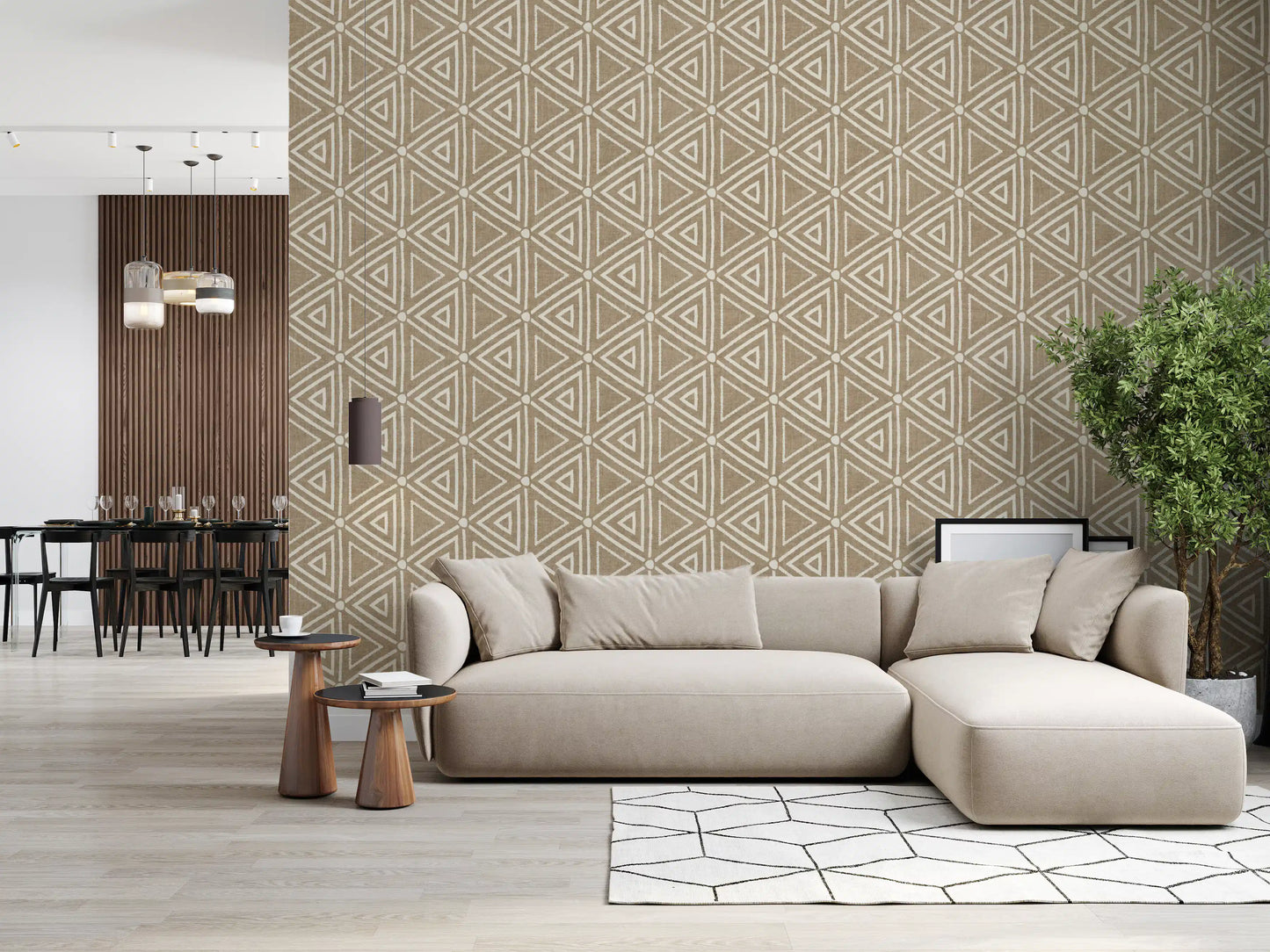 Geometric Triangles Boho wallpaper seen across a warm-toned living room wall, GD9726