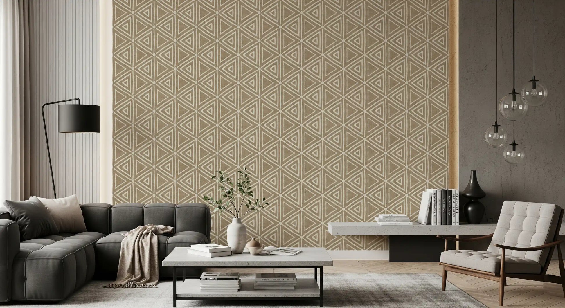 Textured Mudcloth Geometric Triangles wallpaper in warm sand and cream tones, GD9726