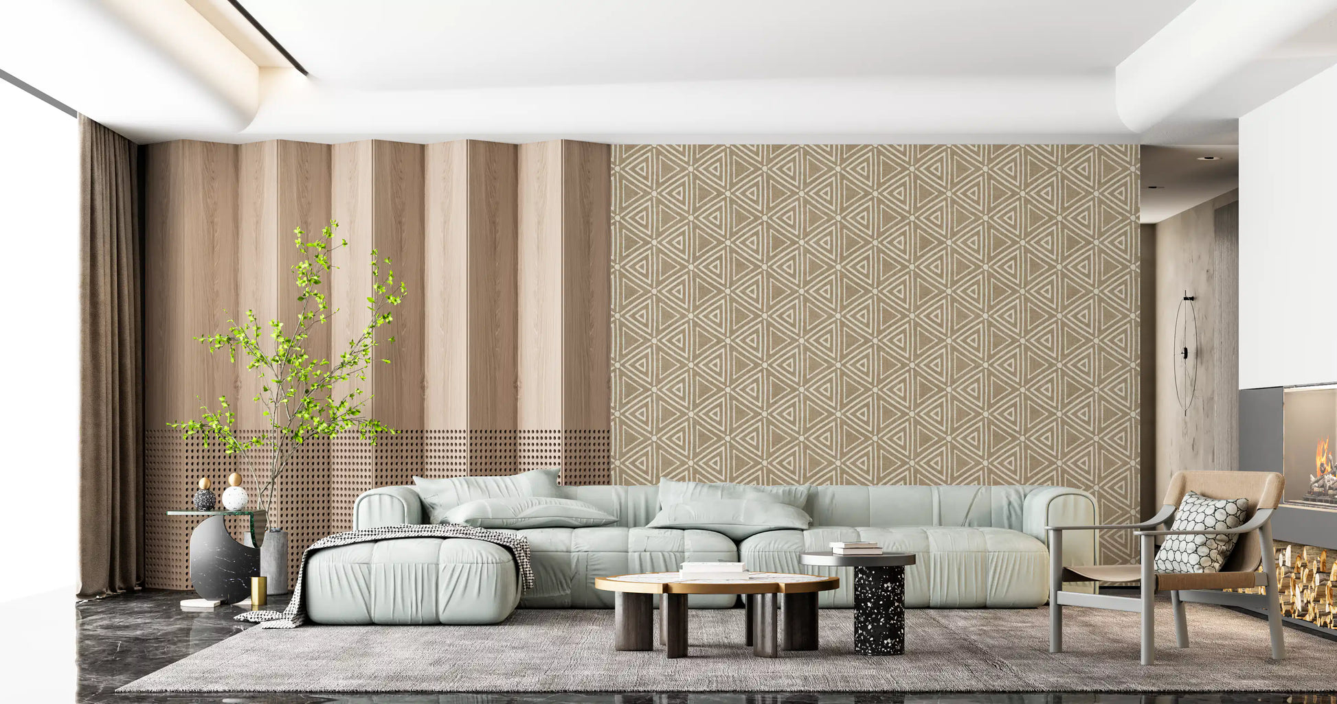 Repeating triangle clusters visible across the mudcloth geometric wallpaper face, GD9726