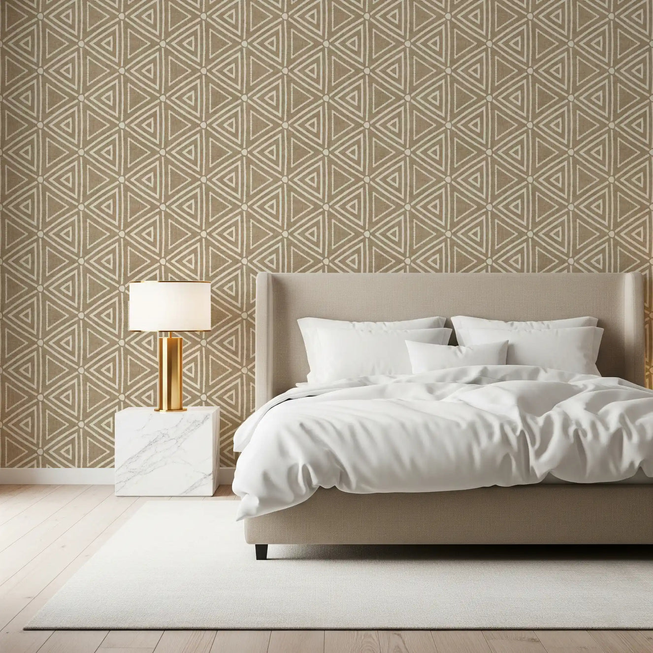 Mudcloth Geometric Triangles wallpaper giving the bedroom a warm boho layer