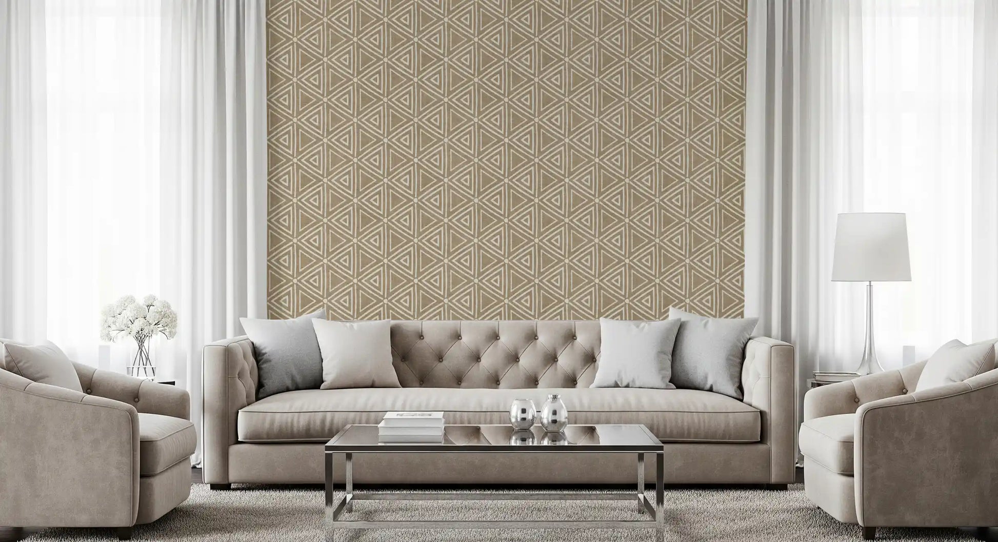 Boho Sand Beige wallpaper showing close-up nested triangle geometry, GD9726