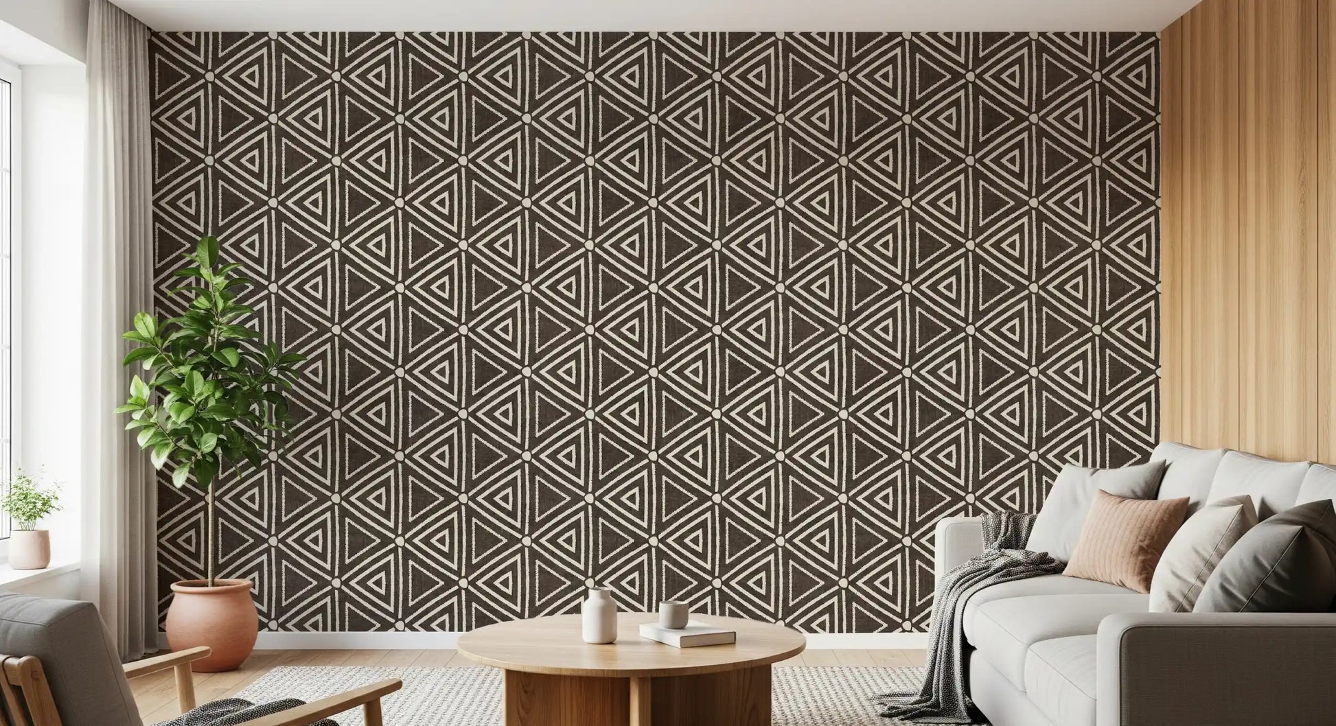 Dark umber geometric triangles wallpaper with handcrafted mudcloth styling