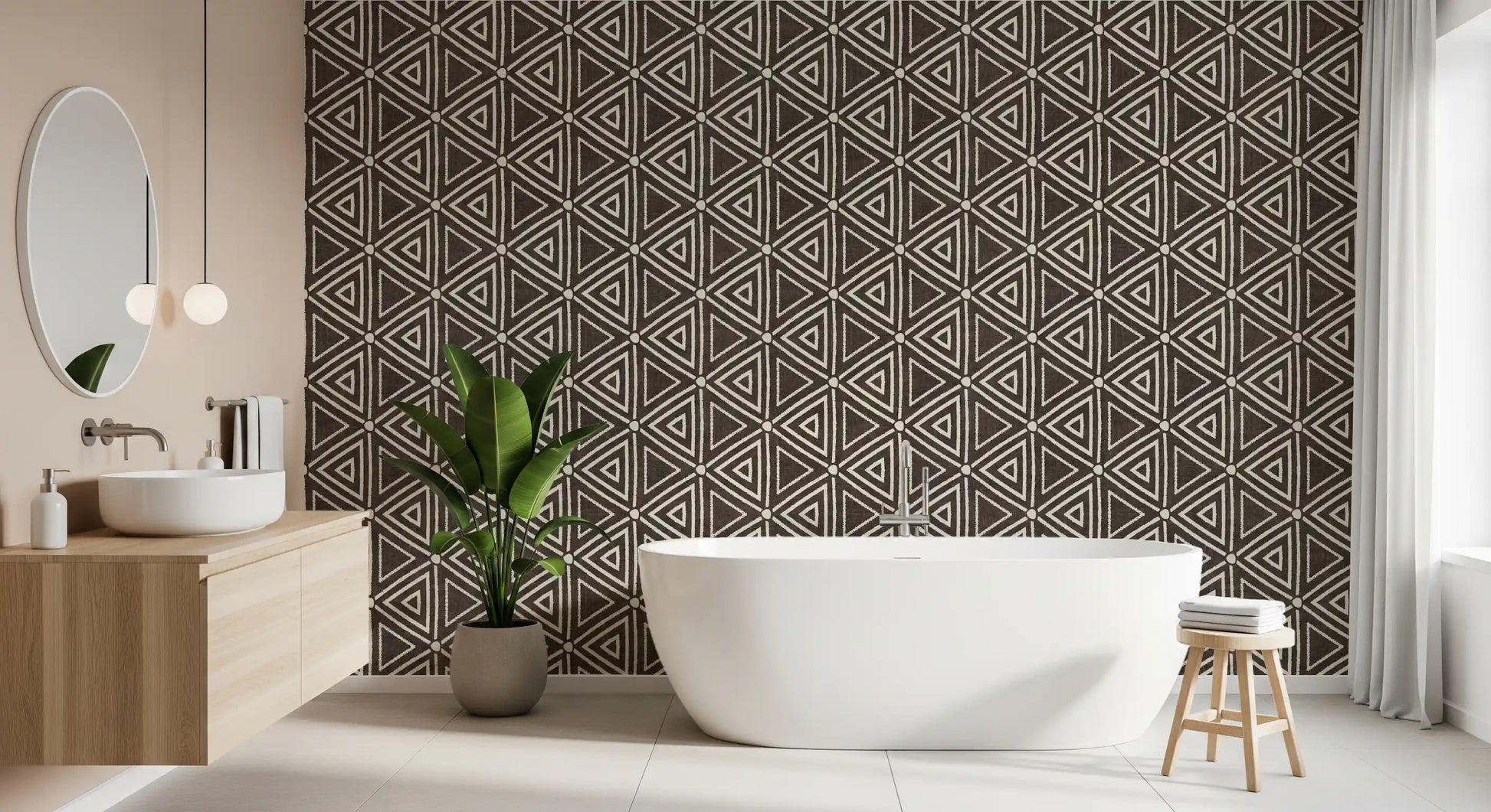 Earthy geometric mudcloth wallpaper against a bathroom in dark umber