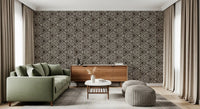 Textured umber boho wallpaper lining a lounge with geometric triangles