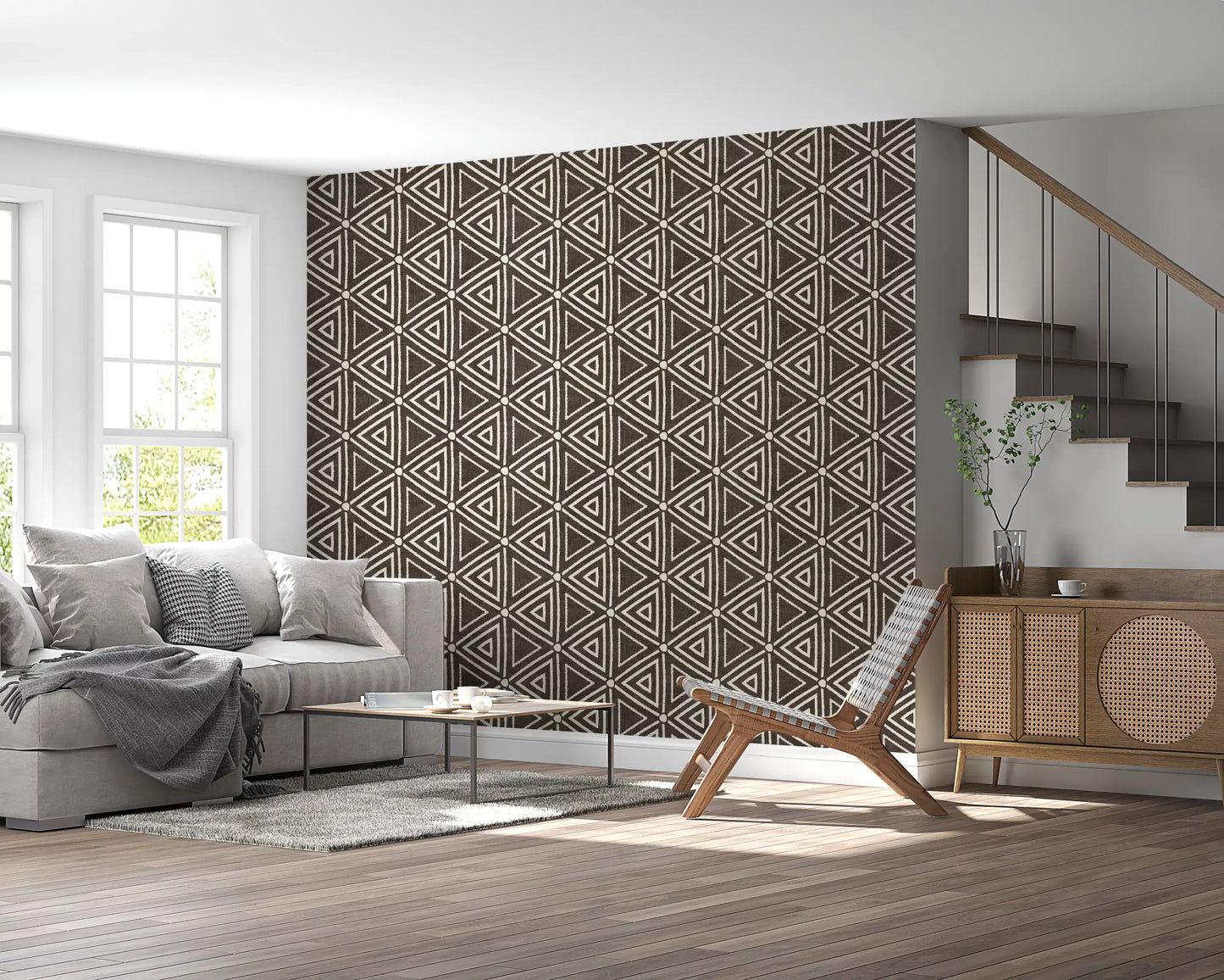 Textured mudcloth triangle wallpaper in dark umber with cream geometric lines