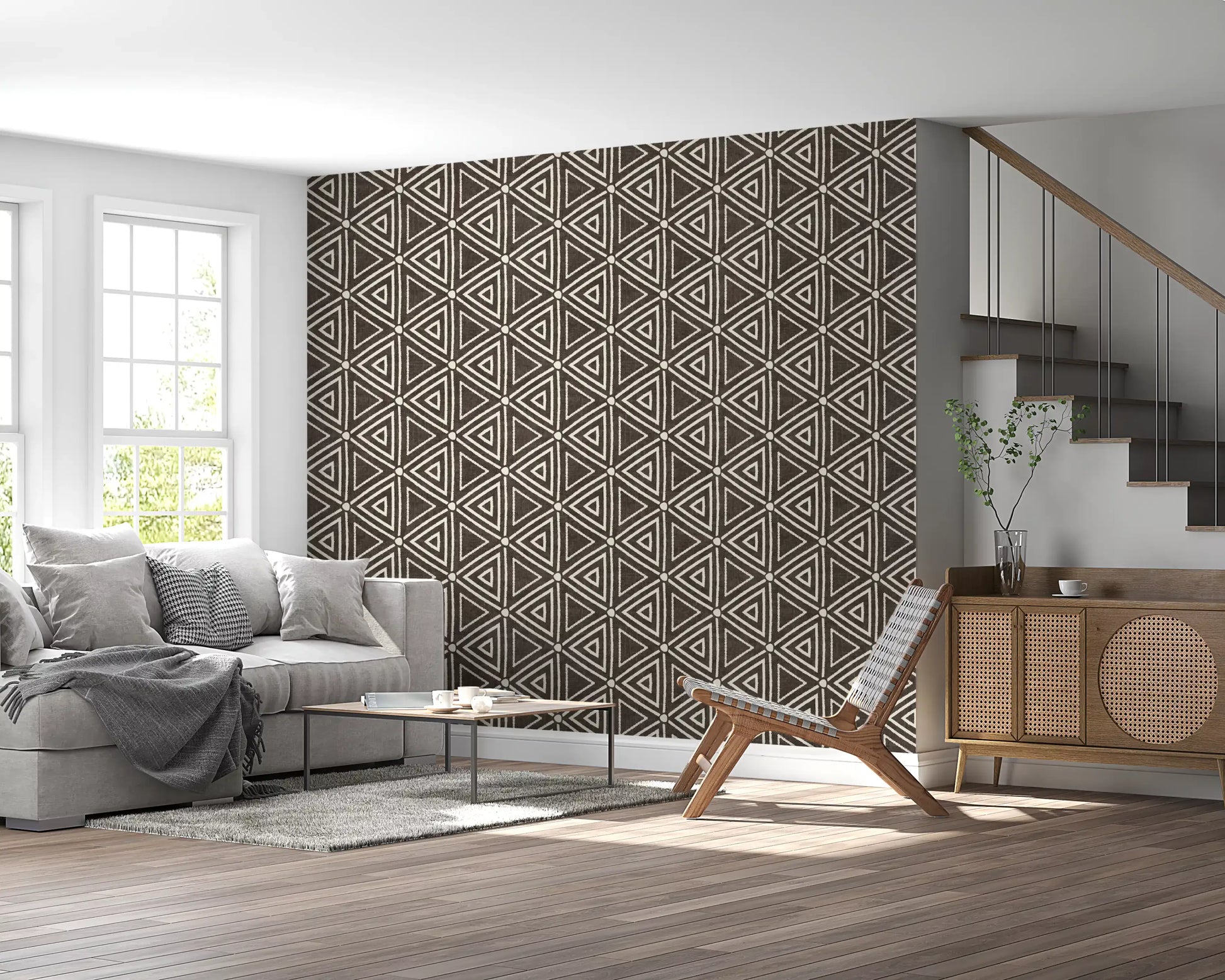Textured mudcloth triangle wallpaper in dark umber with cream geometric lines