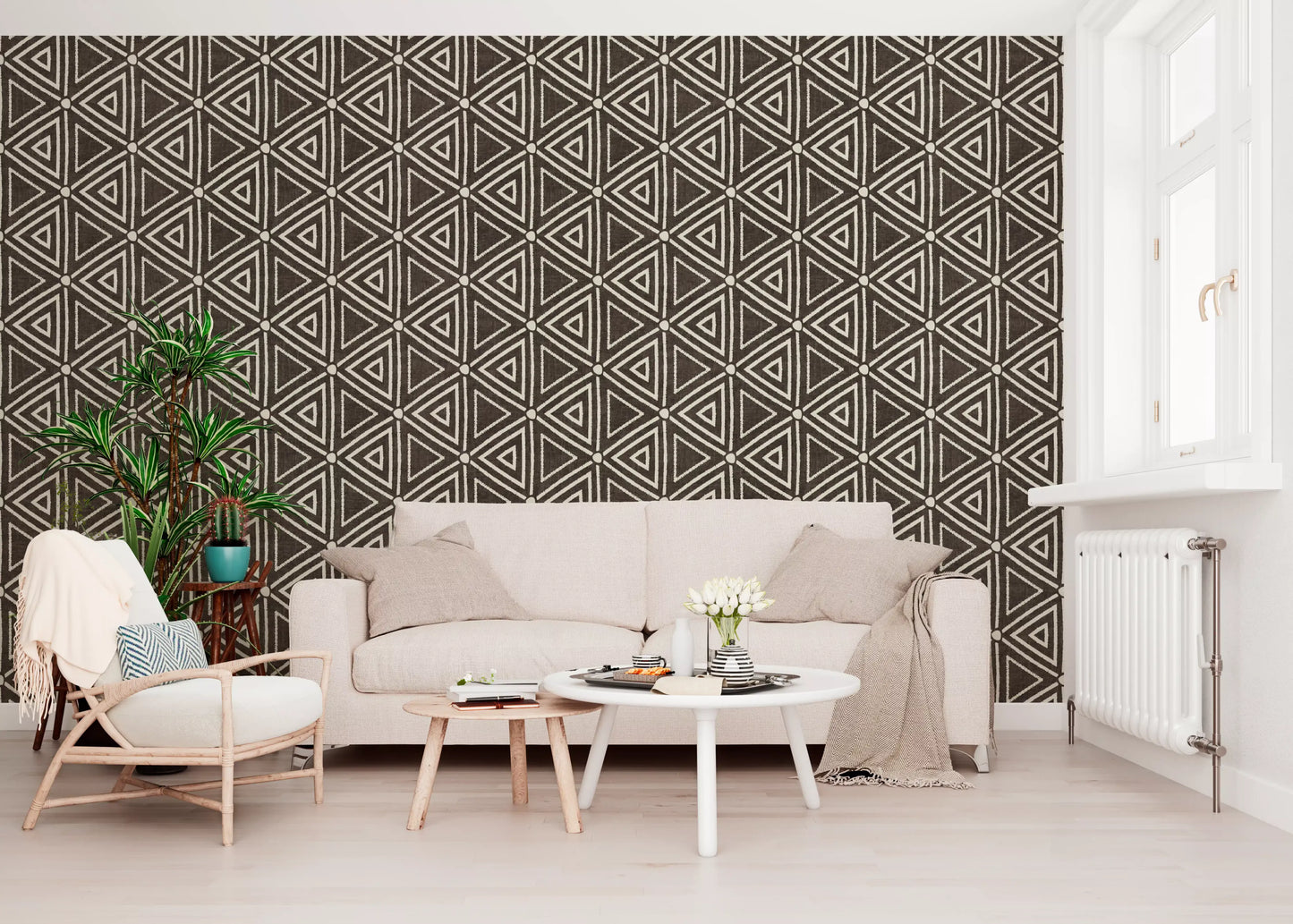 A living room showing the umber triangle mudcloth wallpaper in full detail