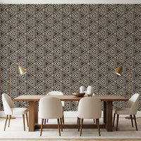 Boho umber mudcloth wallpaper featuring nested triangles in off-white