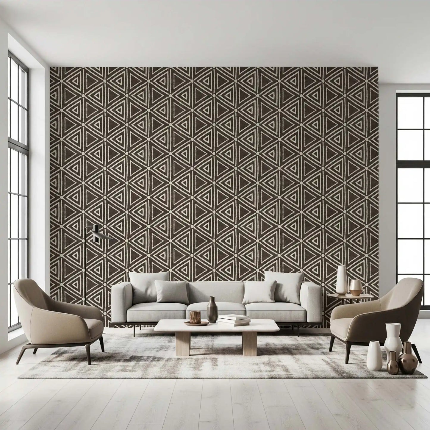Cream line triangle mudcloth wallpaper on a deep brown textured ground