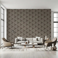 Cream line triangle mudcloth wallpaper on a deep brown textured ground