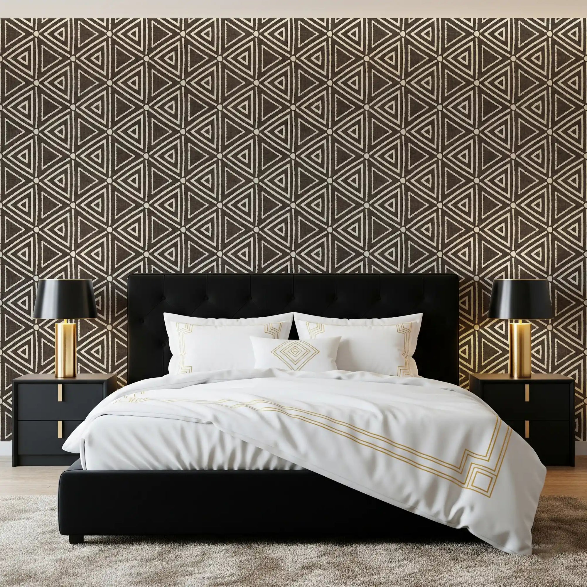 Geometric mudcloth triangle wallpaper wrapping a bedroom in dark umber brown, GD9727
