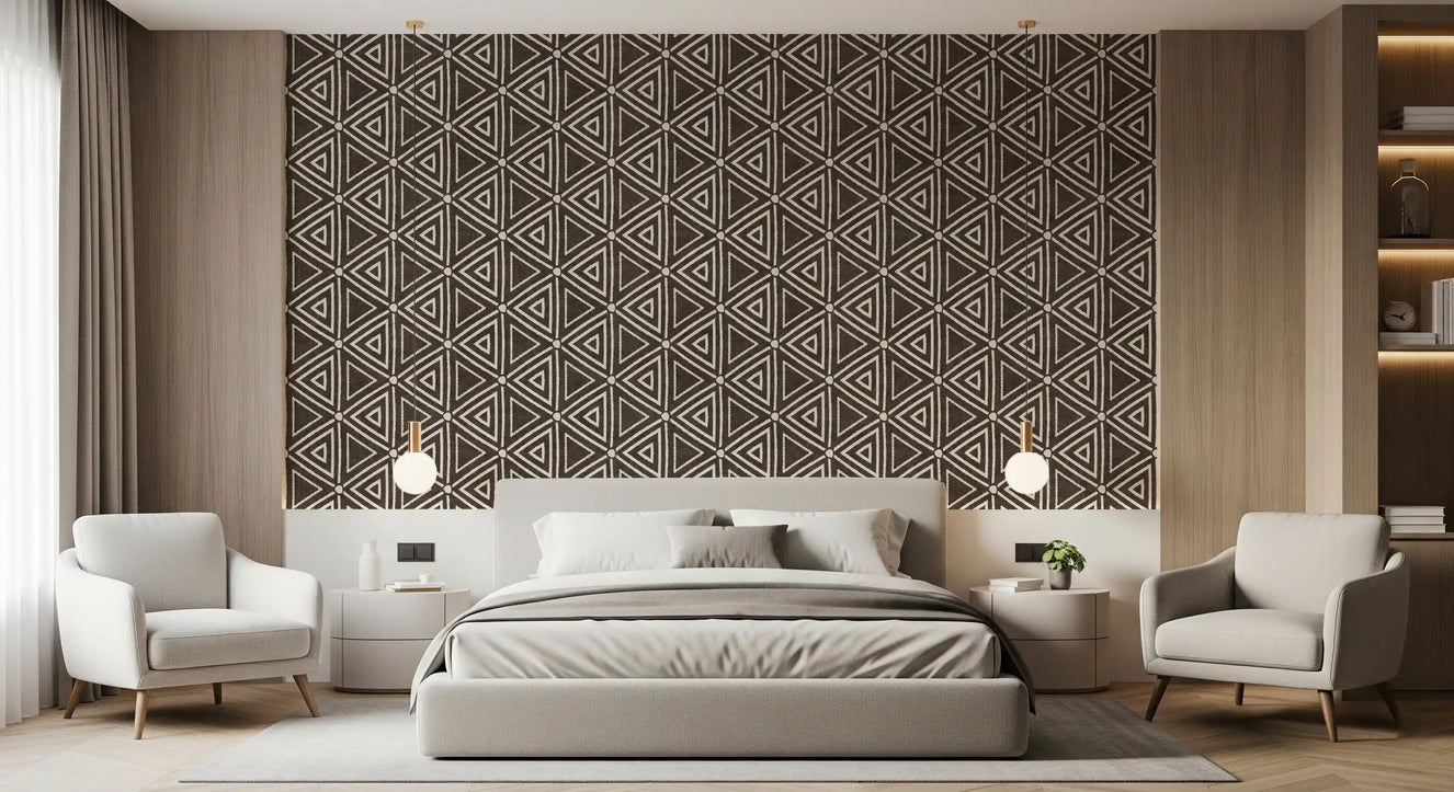 Textured Mudcloth Geometric Triangles Boho Dark Umber Brown  Wallpaper⁠