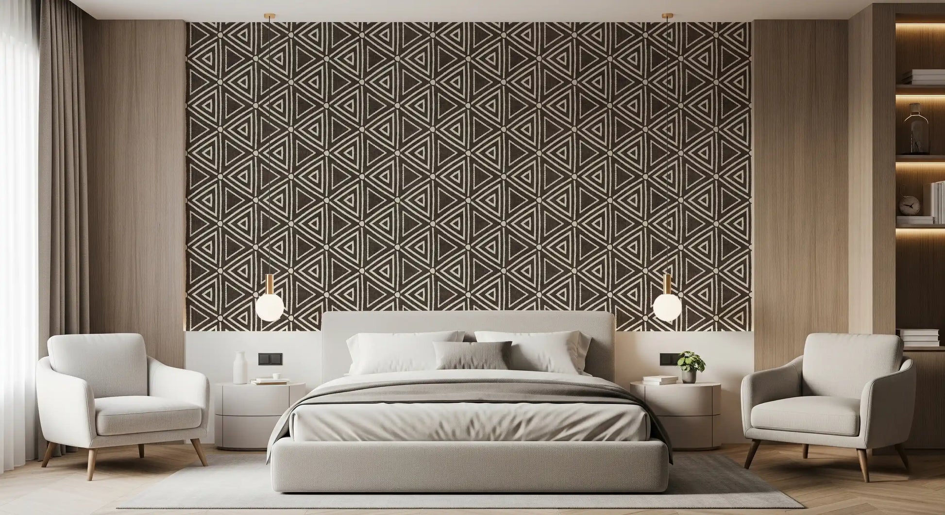 Boho triangle wallpaper across a bright bedroom with umber and cream pattern