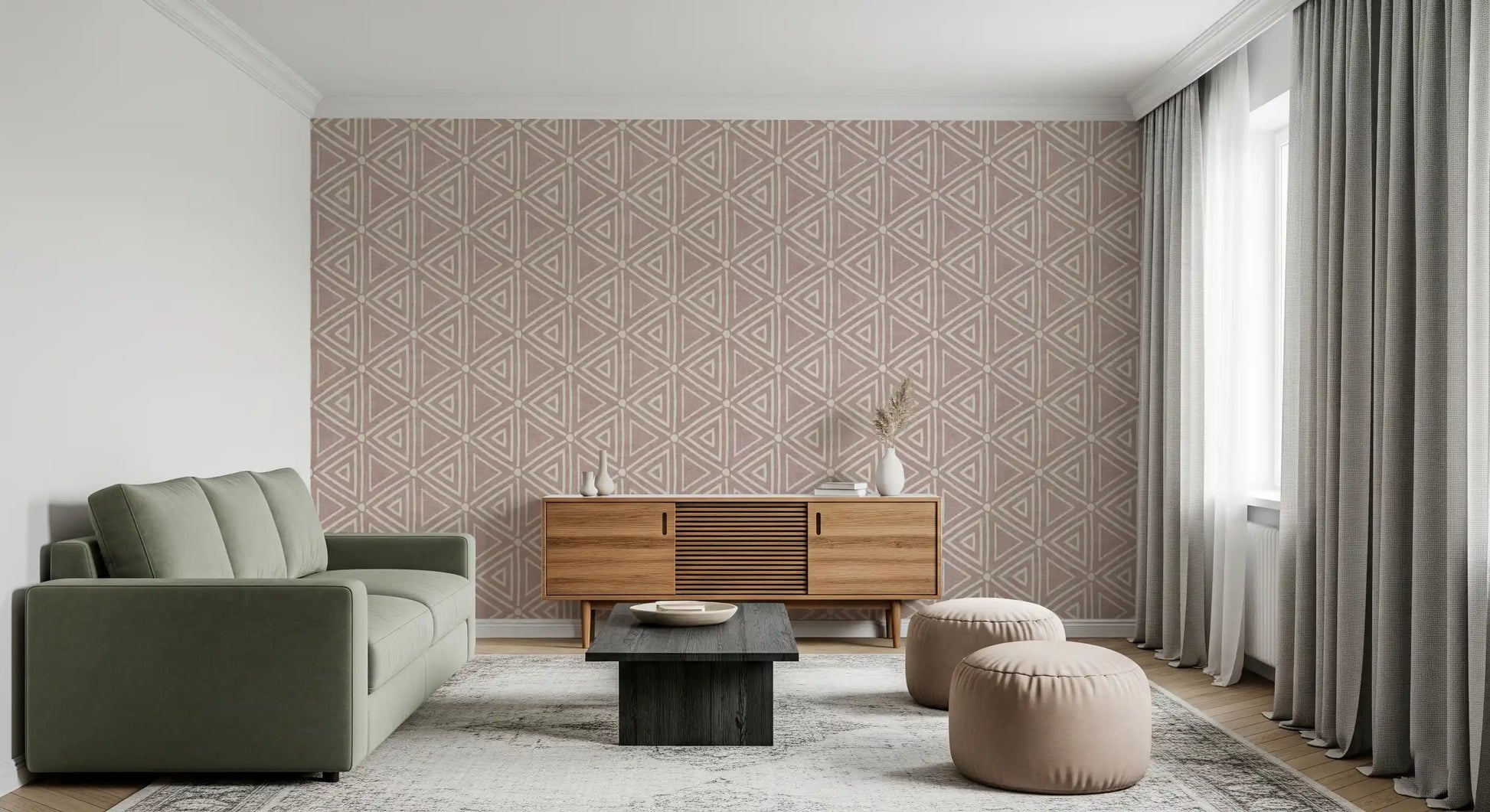 Hallway corners turn tribal-warm beside this boho mudcloth triangle wallpaper.