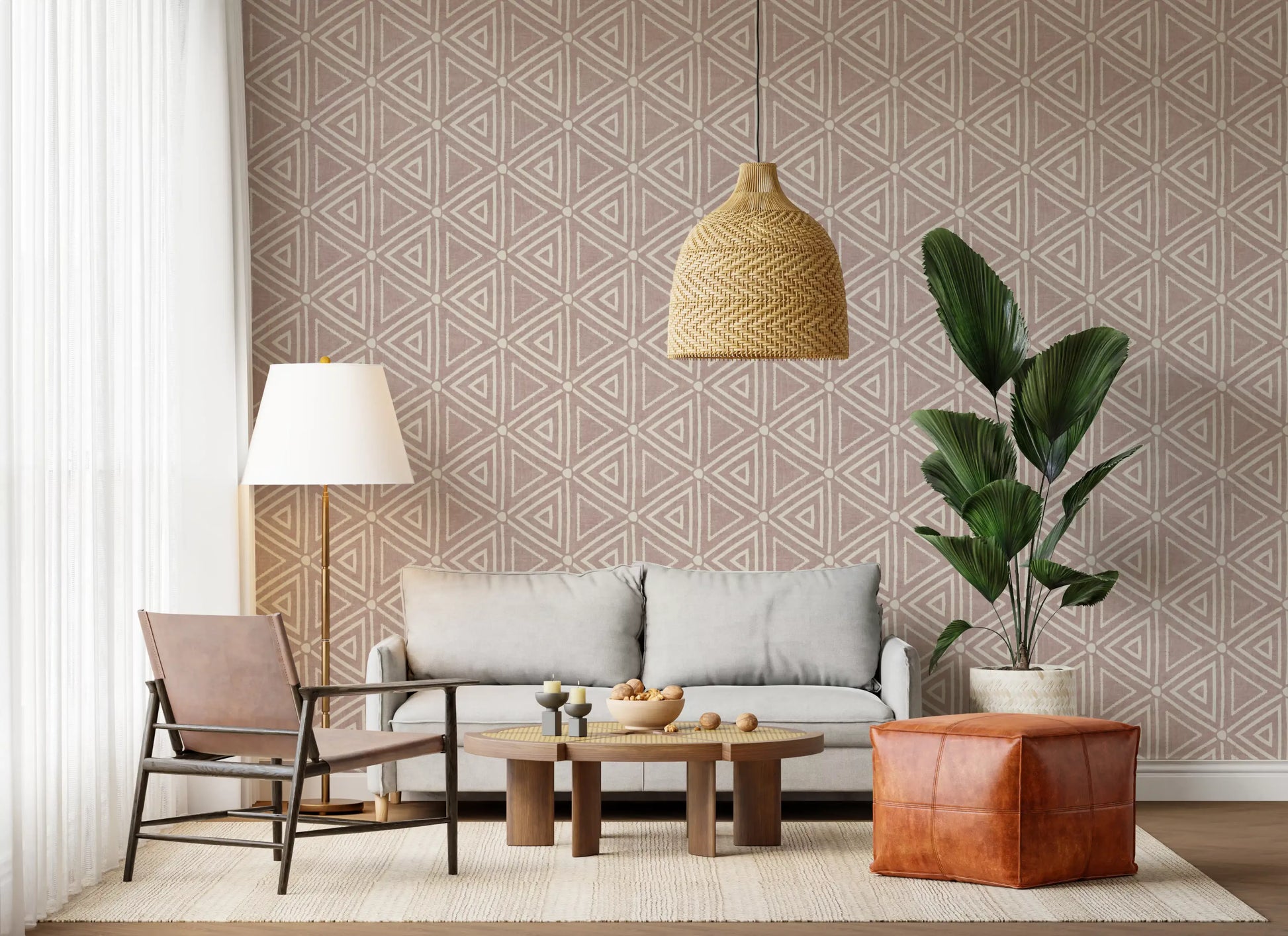 Linen-like grain runs subtly behind every shape on this mudcloth triangle wallpaper.