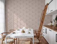Quiet boho energy collects in a Kitchen and dining room this mudcloth triangle wallpaper.