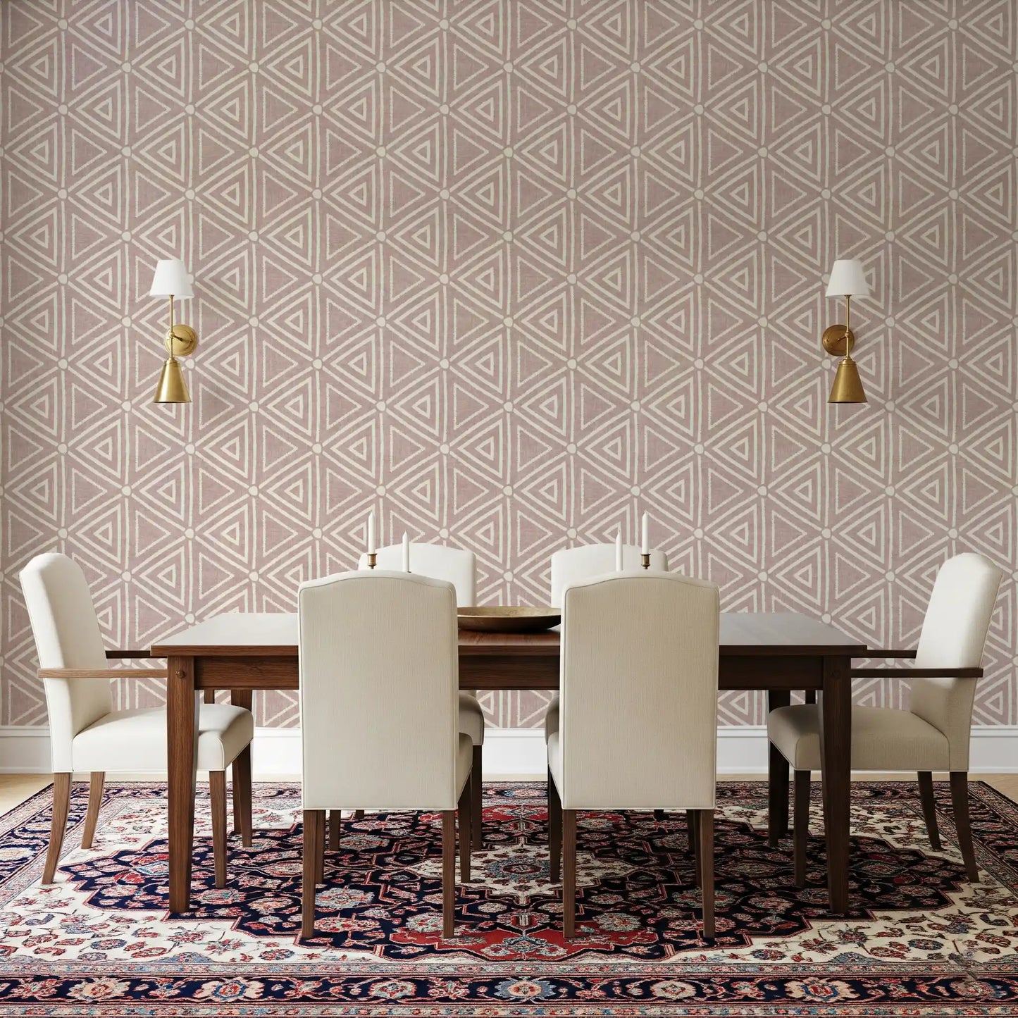 Earthy warmth fills a Dining room from this boho mudcloth triangle wallpaper.