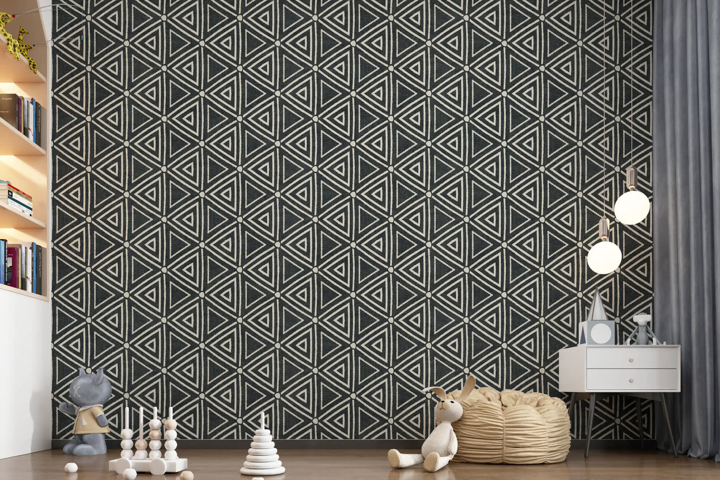 Textured Mudcloth wallpaper with cream triangles repeating across charcoal background.
