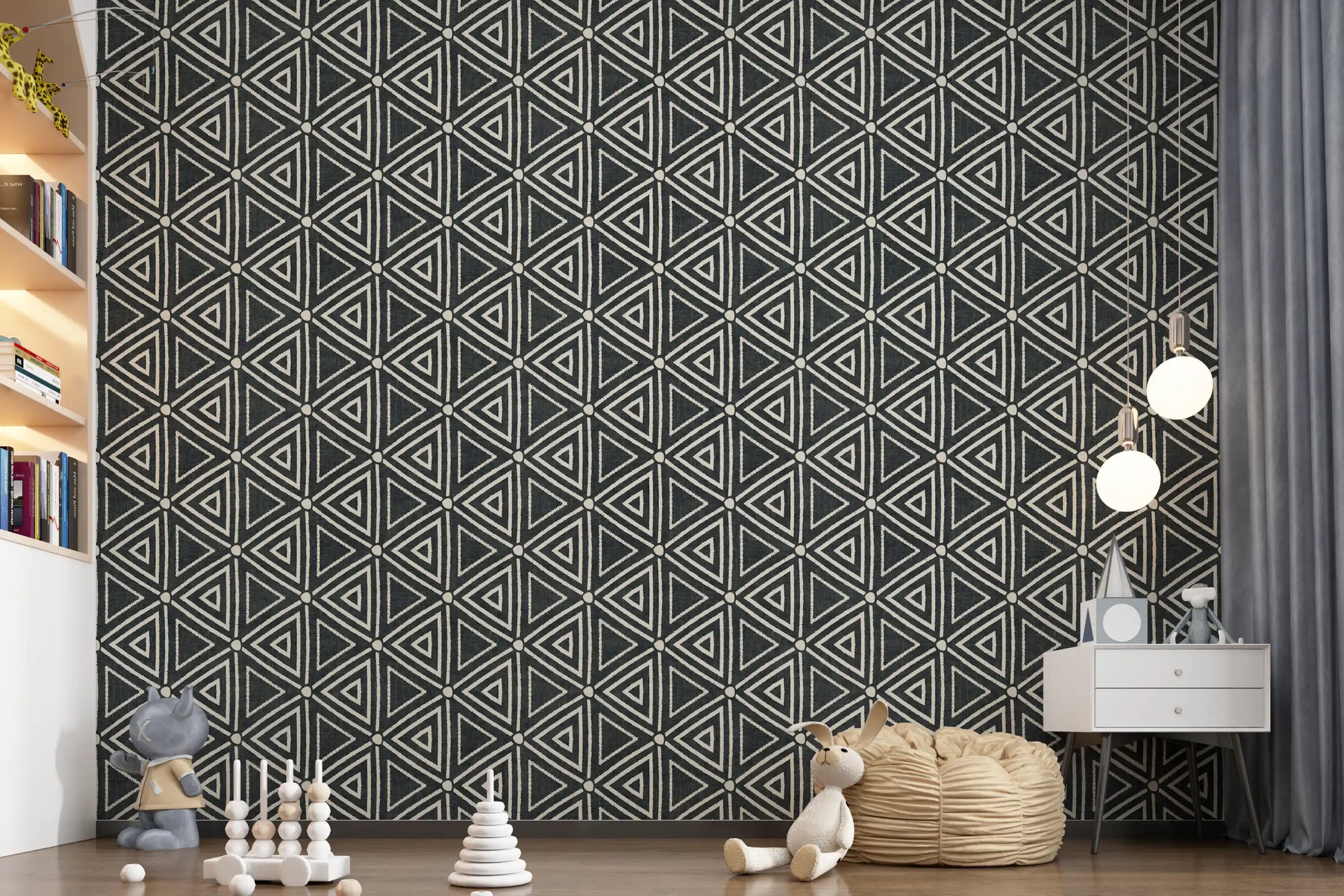 Textured Mudcloth wallpaper with cream triangles repeating across charcoal background.