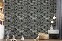Textured Mudcloth wallpaper with cream triangles repeating across charcoal background.