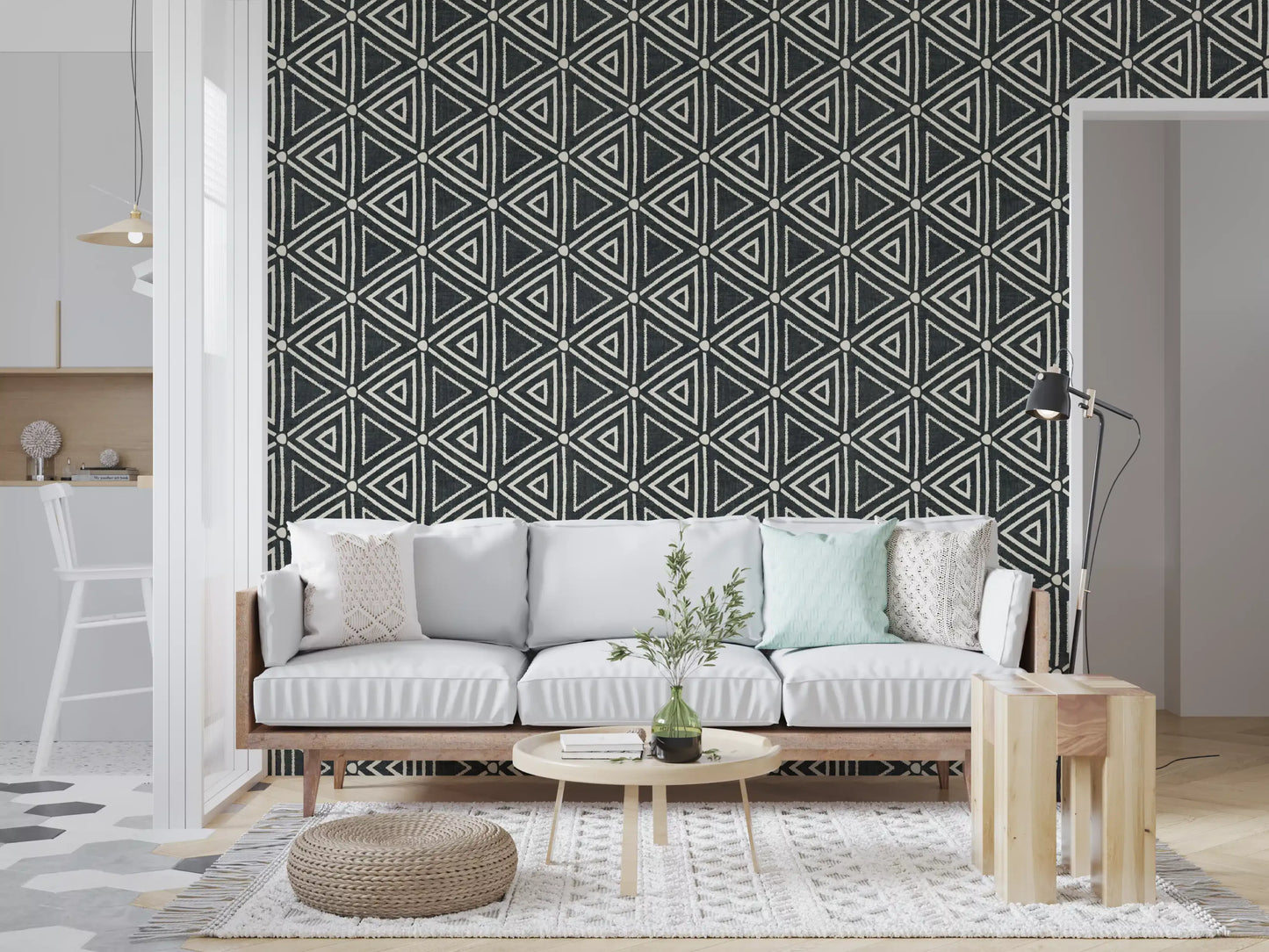 Worn-edge triangles and intersection dots fill out the Mudcloth wallpaper repeat.