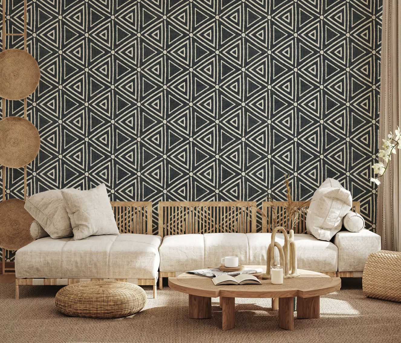 Textured Mudcloth Geometric Triangles Boho Charcoal Black  Wallpaper⁠