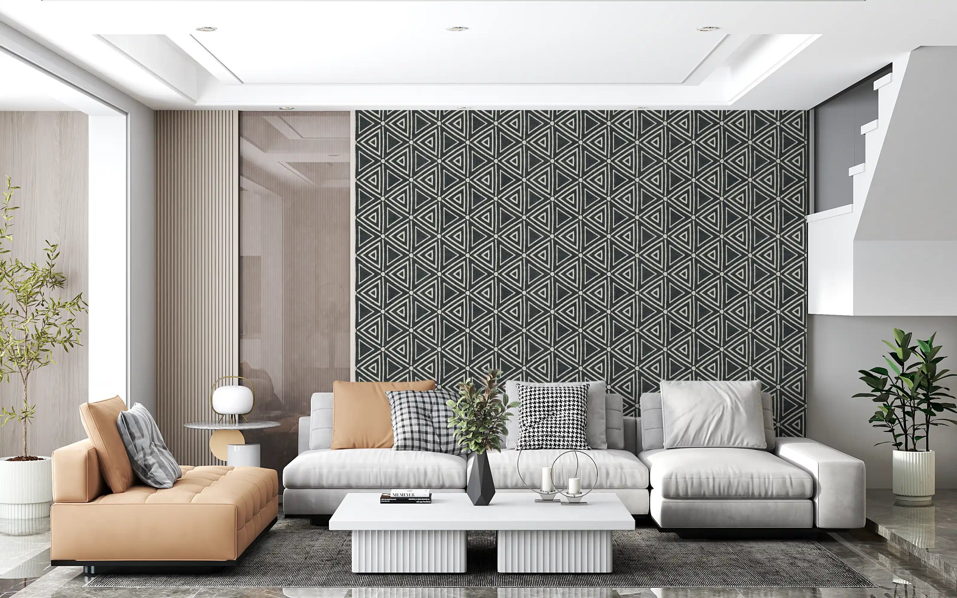 Mudcloth Triangle wallpaper styles a calm Living room area with bold geometric character.