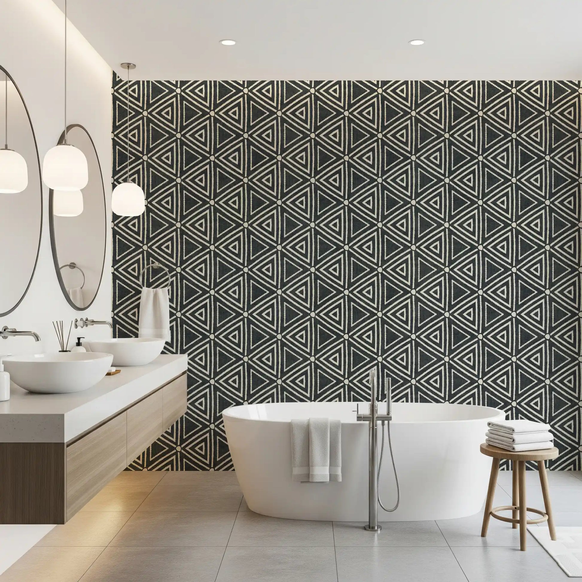 Sketched cream outlines and tiny dots define a Charcoal Mudcloth wallpaper layout.