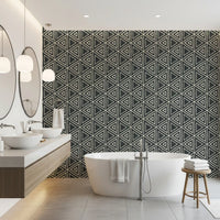 Sketched cream outlines and tiny dots define a Charcoal Mudcloth wallpaper layout.