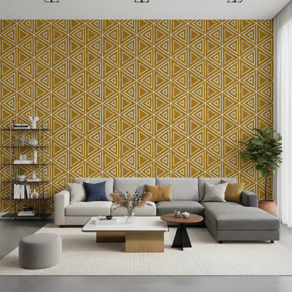 Triangle shapes line up in tight rows on this bold mustard yellow wallpaper.