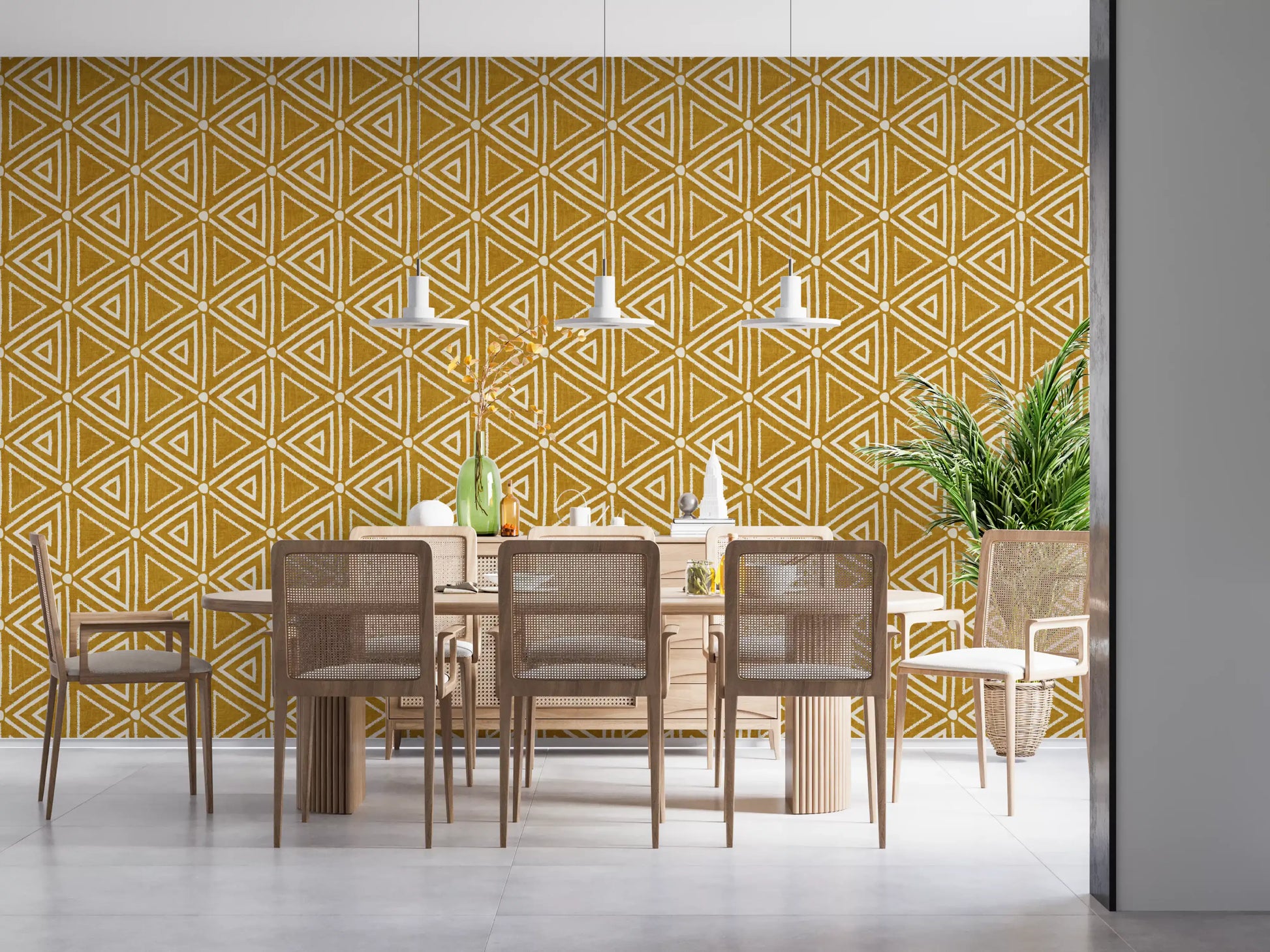 Dining room scaled around the geometric triangle wallpaper in mustard tones.