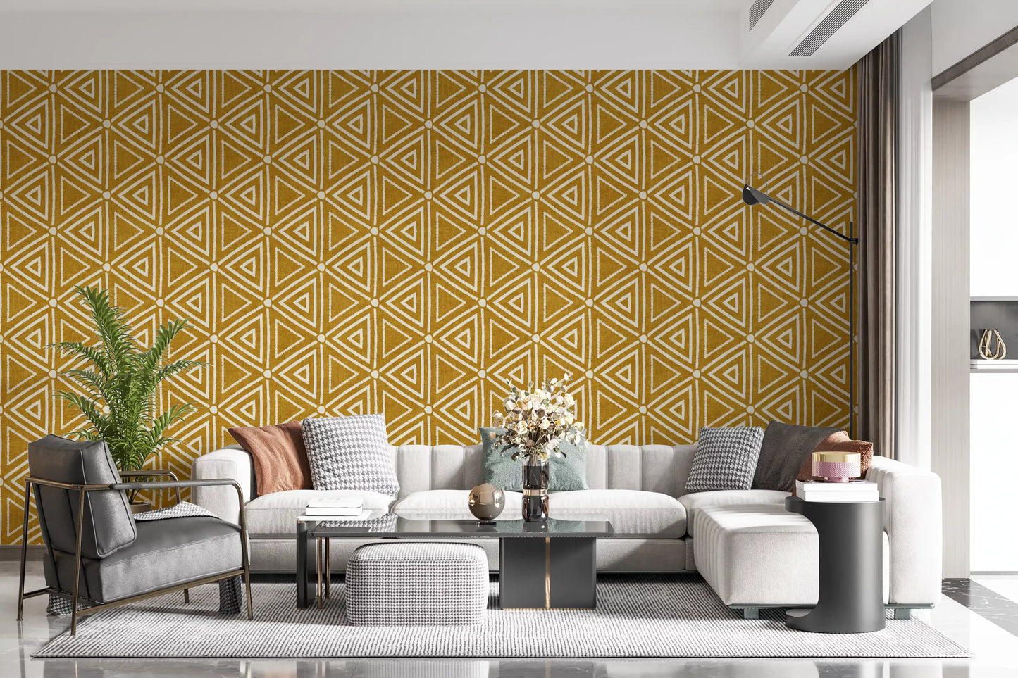 Hallway lifted by the mustard yellow mudcloth triangles wallpaper repeat.