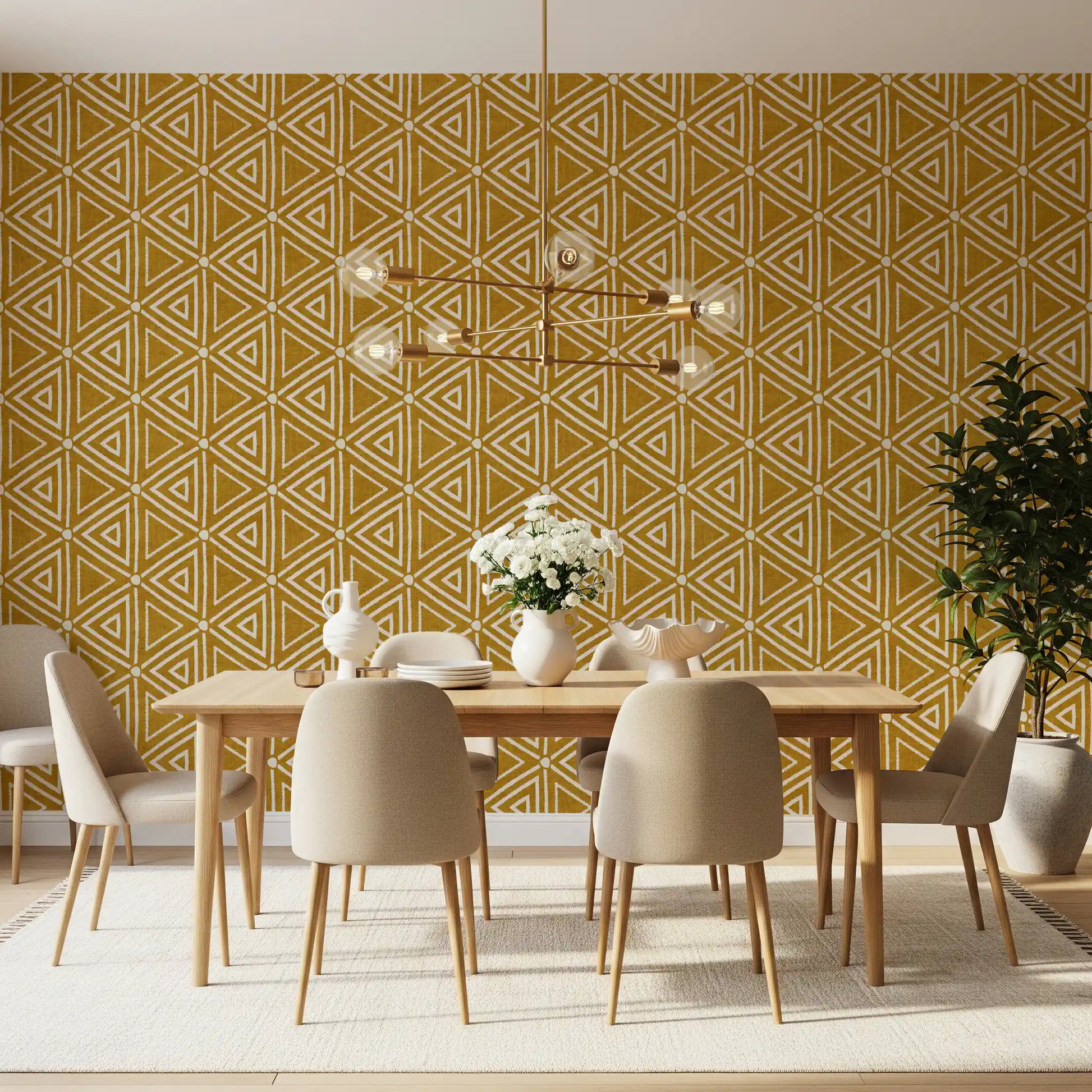Dining room textured by the boho triangle wallpaper in deep mustard yellow.