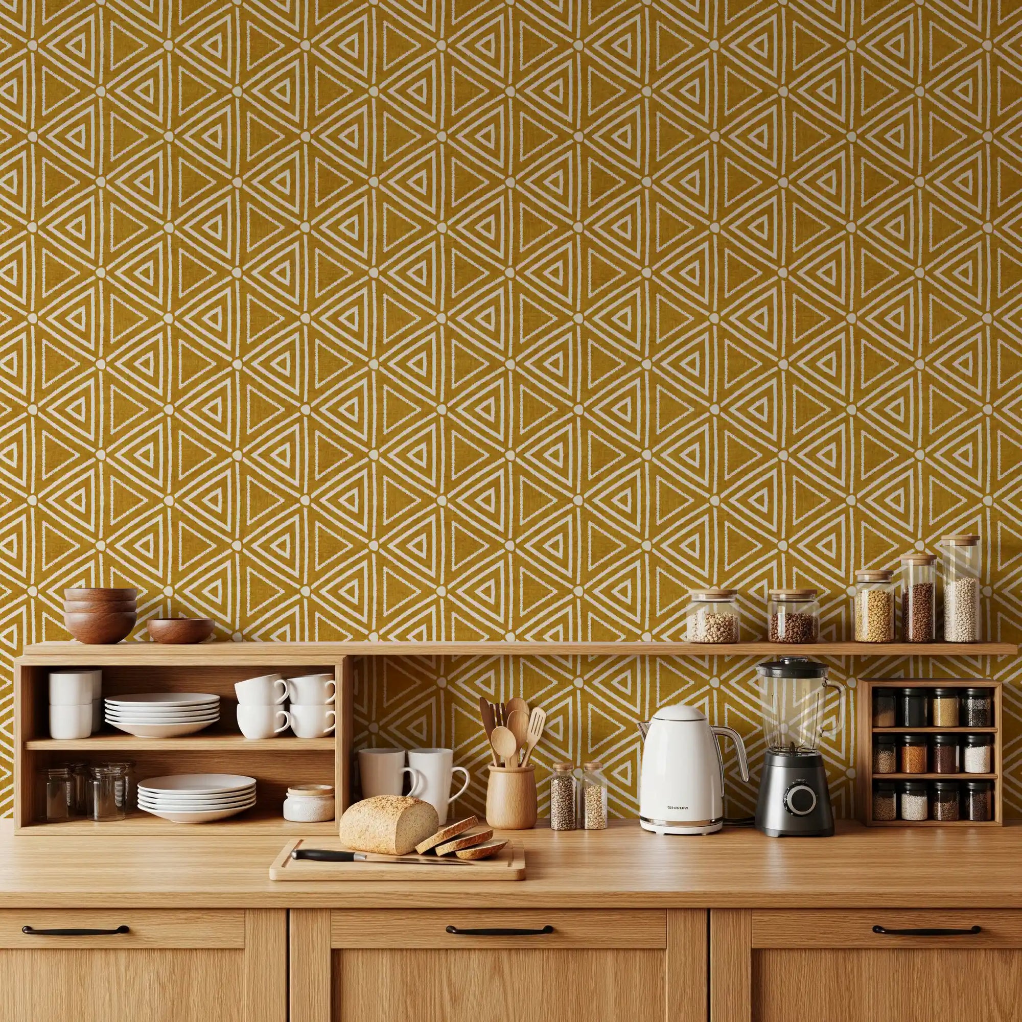Mustard mudcloth triangle wallpaper warming a daylit kitchen with boho mood., GD9730