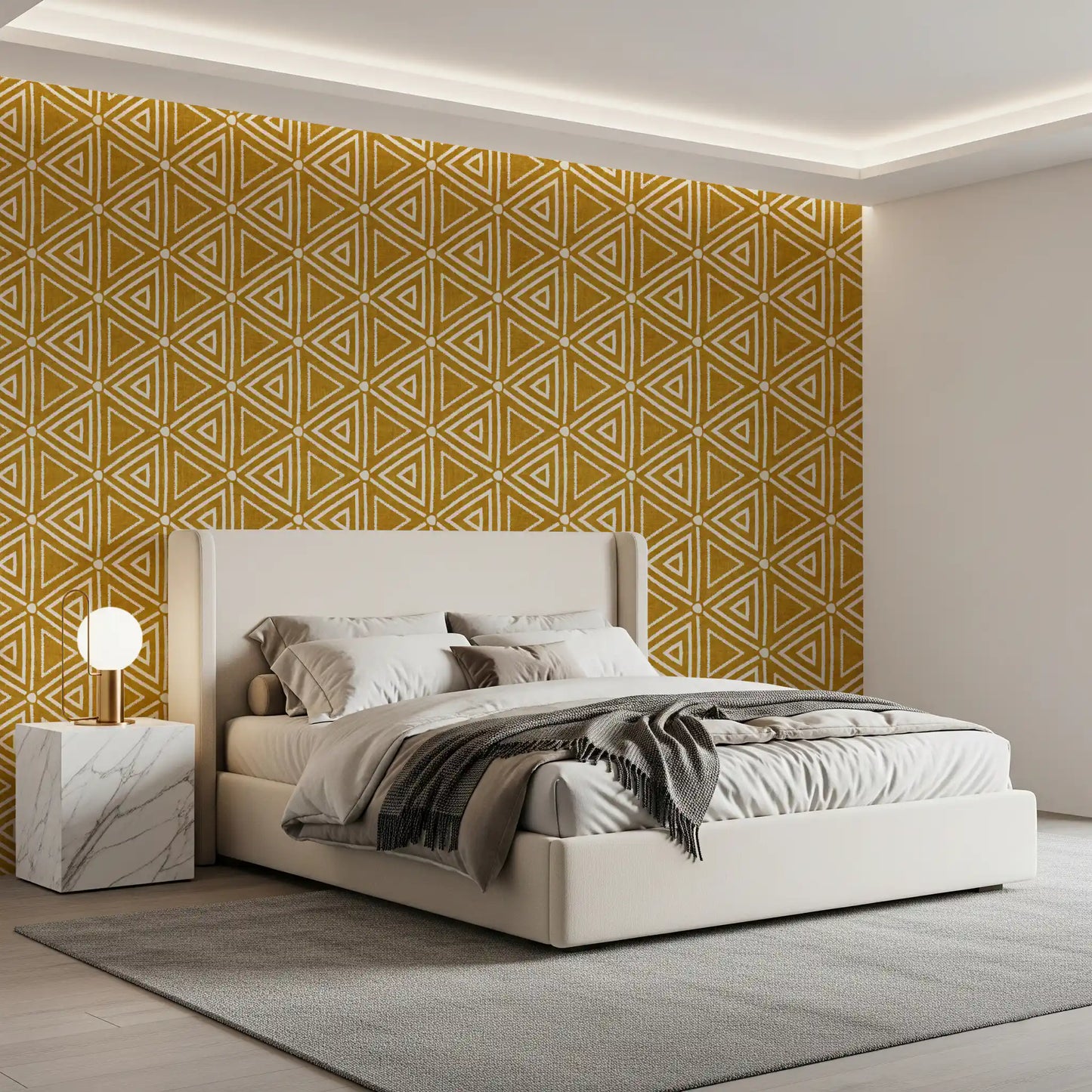 Wallpaper shows hand-drawn triangle motifs in chalky white over warm mustard.