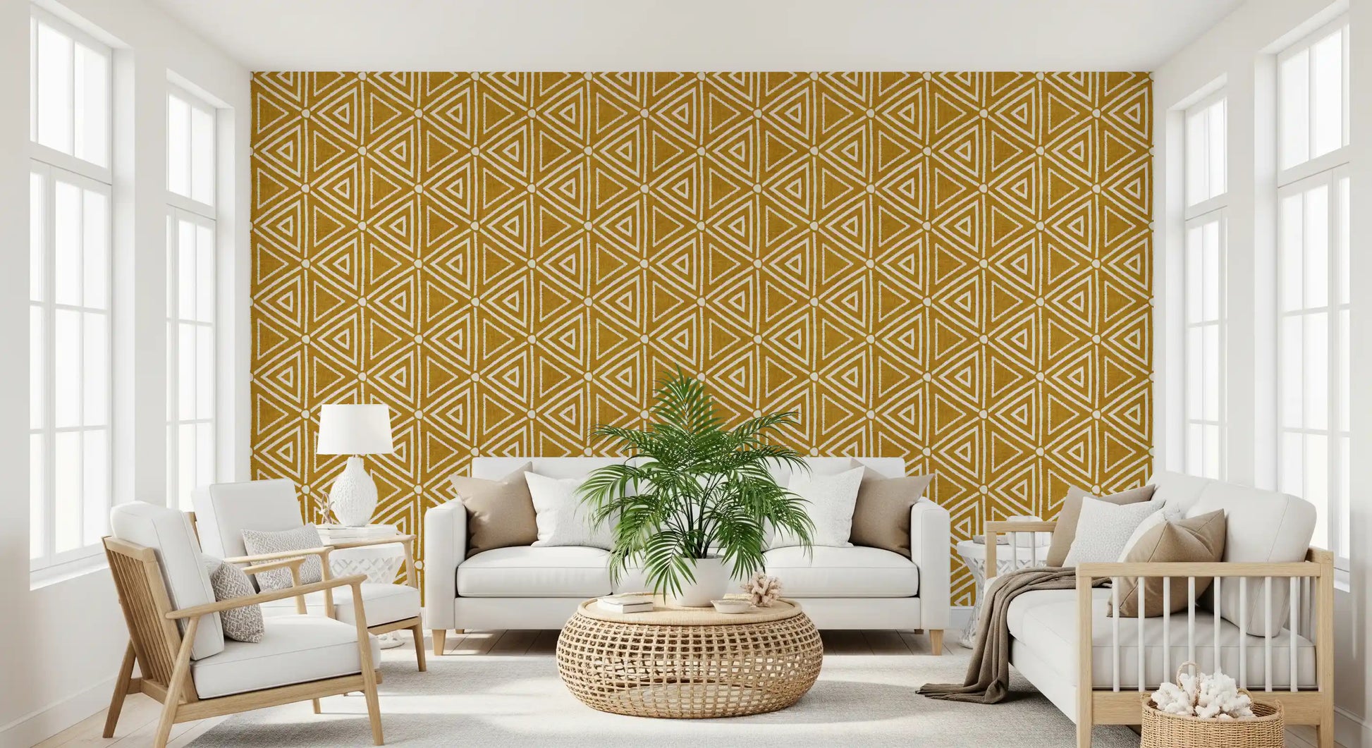 Living room anchored by the mustard mudcloth wallpaper for a boho-styled feel.