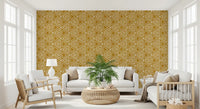 Living room anchored by the mustard mudcloth wallpaper for a boho-styled feel.