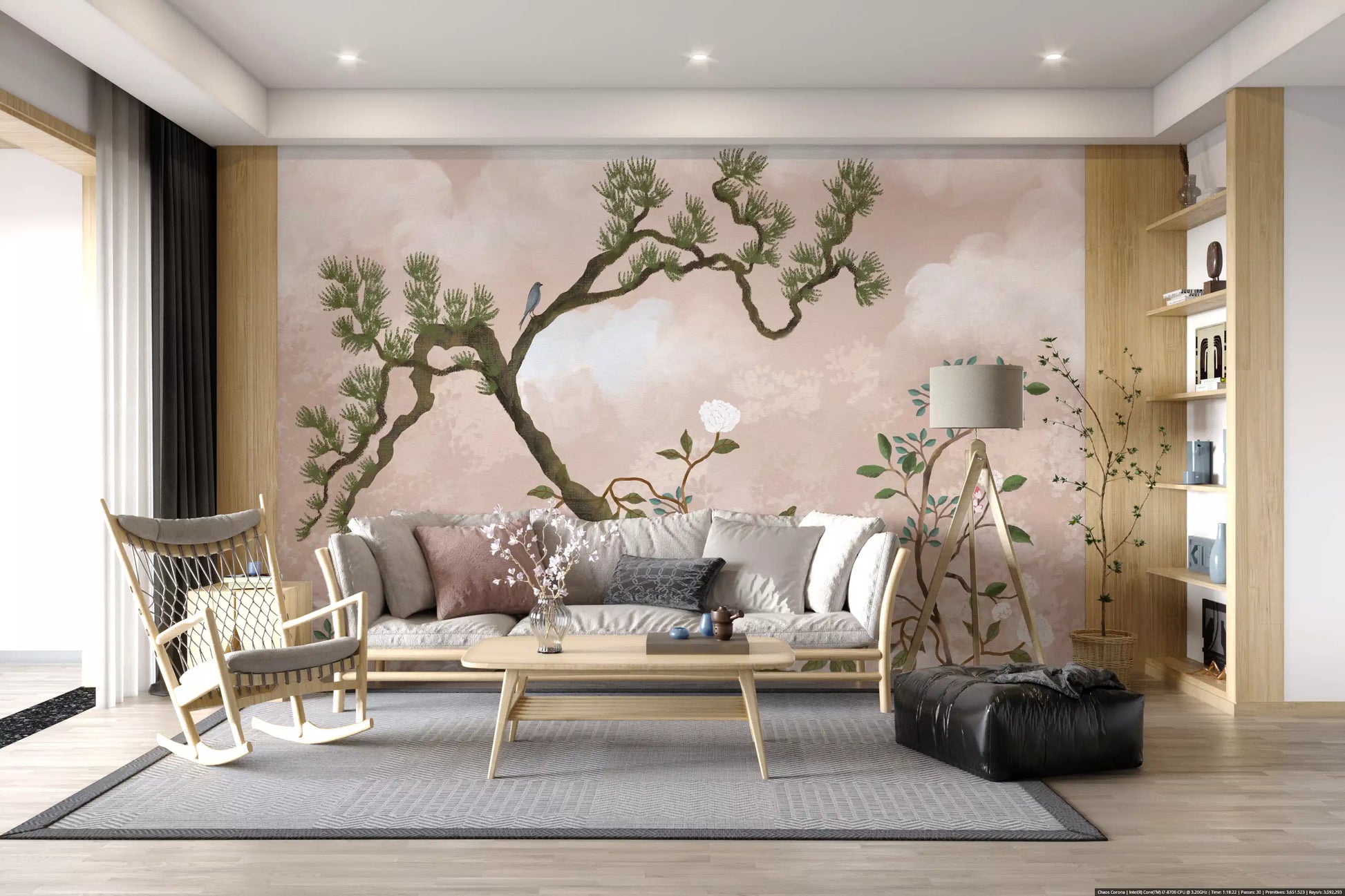 Tucked beside a Living room, this chinoiserie wall mural pours serene pine and birds.