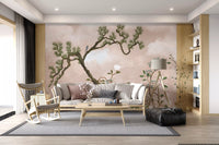 Tucked beside a Living room, this chinoiserie wall mural pours serene pine and birds.