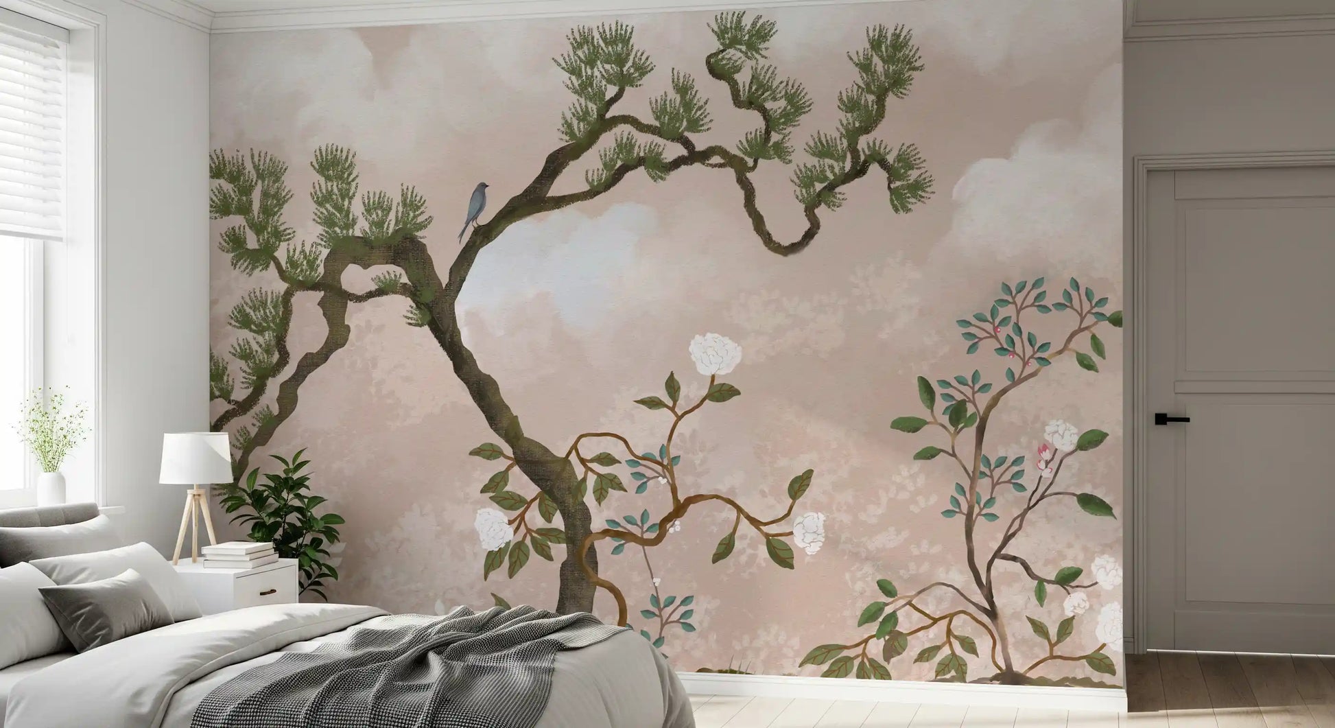 Serene chinoiserie drifts across a blush-toned sky on this pine and bird wall mural.