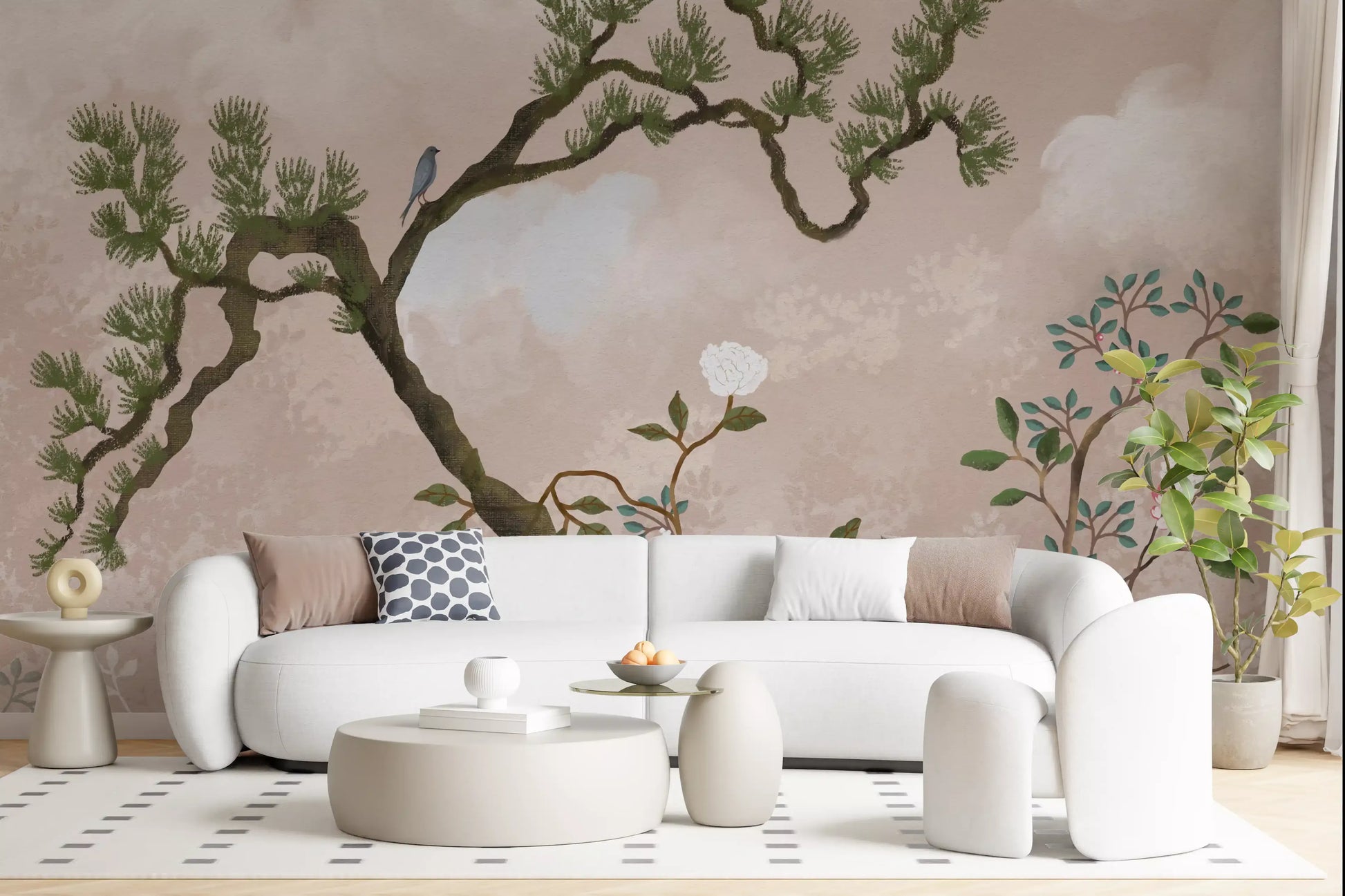 A blue bird perches mid-branch as the pine arches in this chinoiserie wall mural.