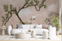 A blue bird perches mid-branch as the pine arches in this chinoiserie wall mural.