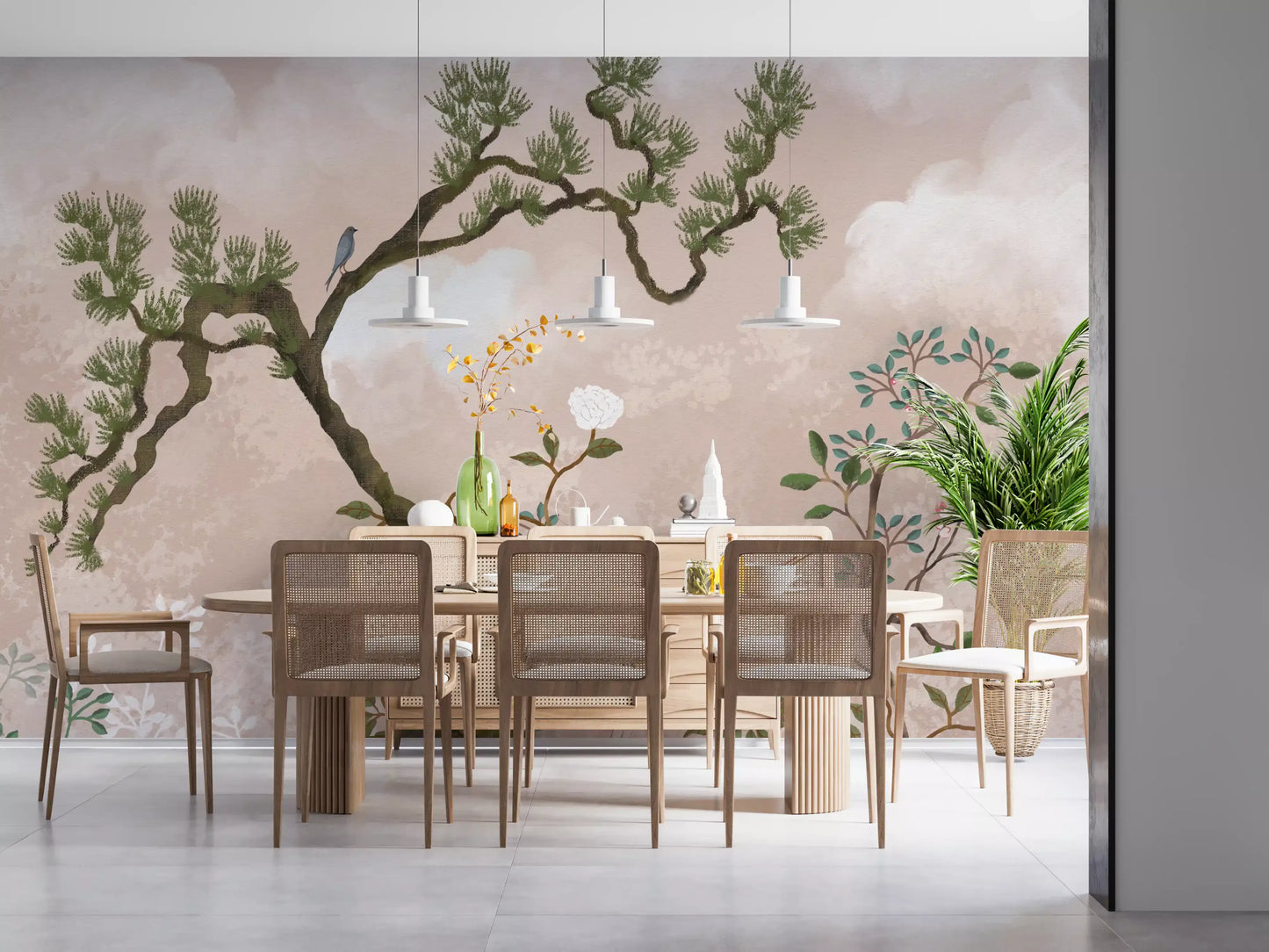 Branches twist and curl with white peonies along this serene chinoiserie wall mural.