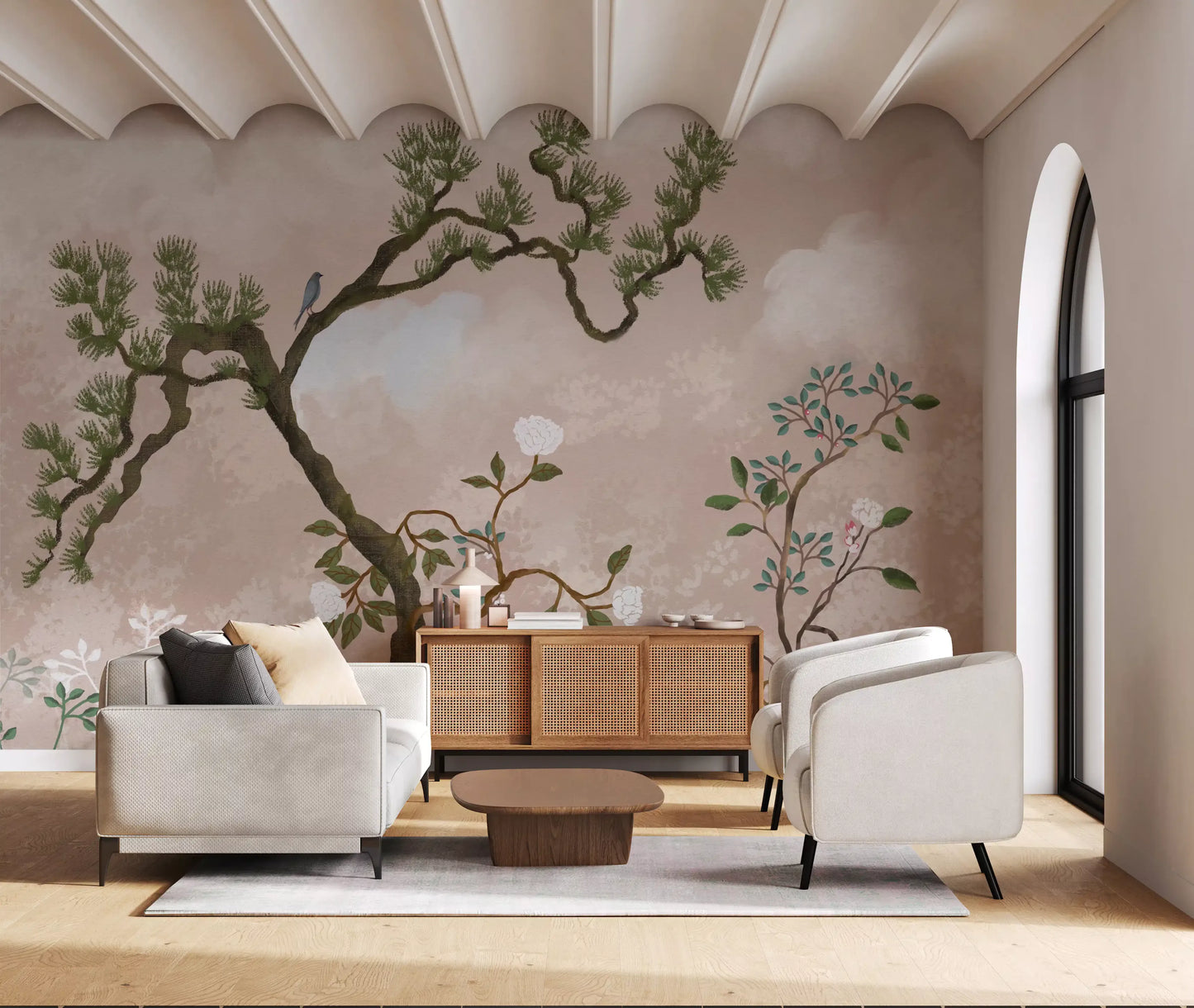 Blush tones flow into a living room from this serene pine and blue bird wall mural.