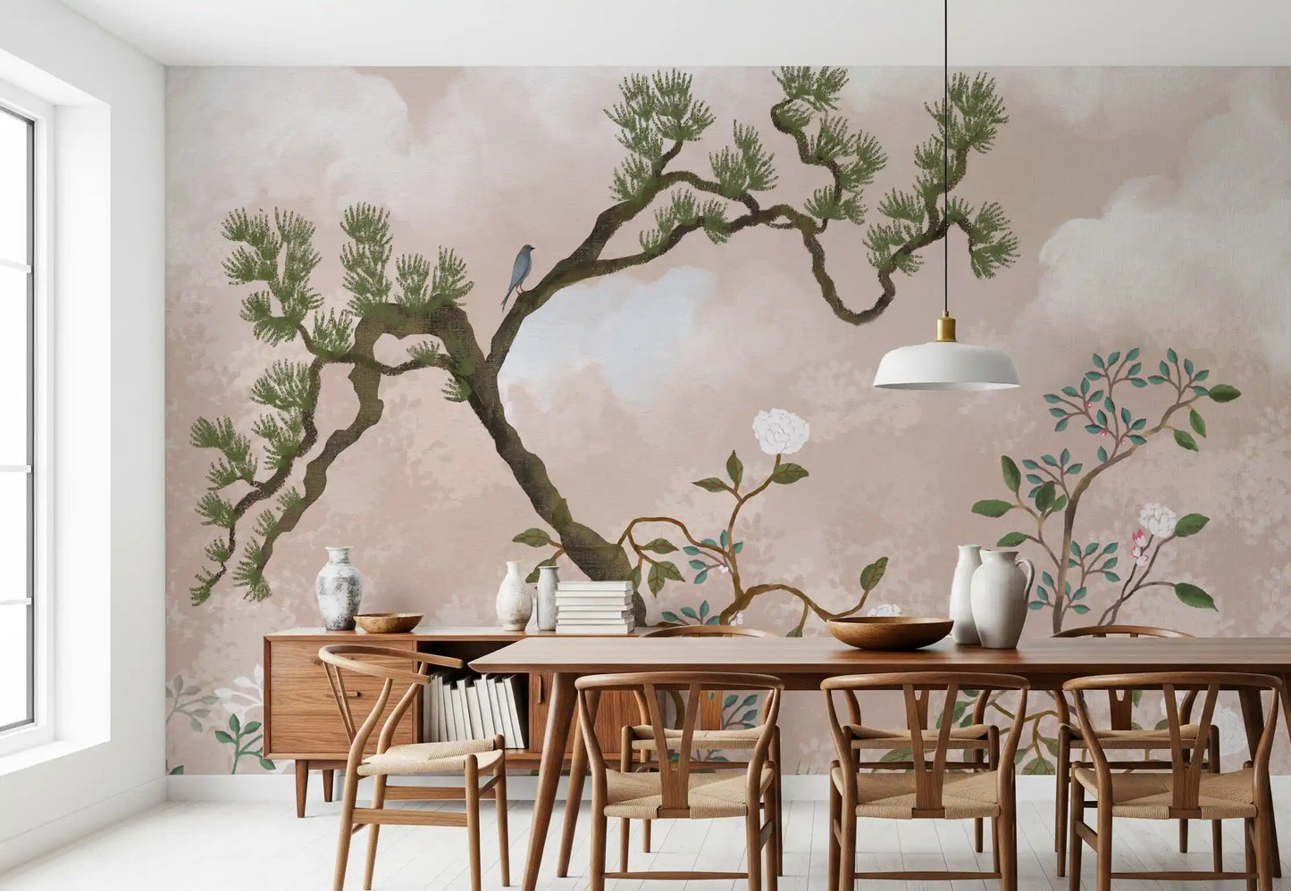 Peach and pale teal layer behind painted blooms in this chinoiserie wall mural.