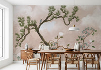 Peach and pale teal layer behind painted blooms in this chinoiserie wall mural.