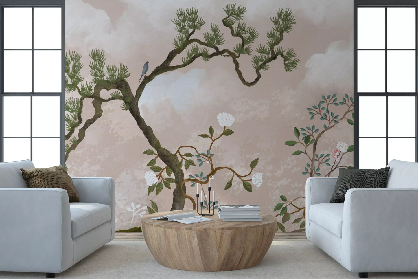 Old-world Living room mood drifts through this chinoiserie wall mural with pine and birds.