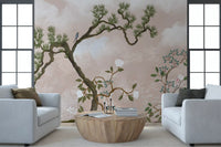 Old-world Living room mood drifts through this chinoiserie wall mural with pine and birds.