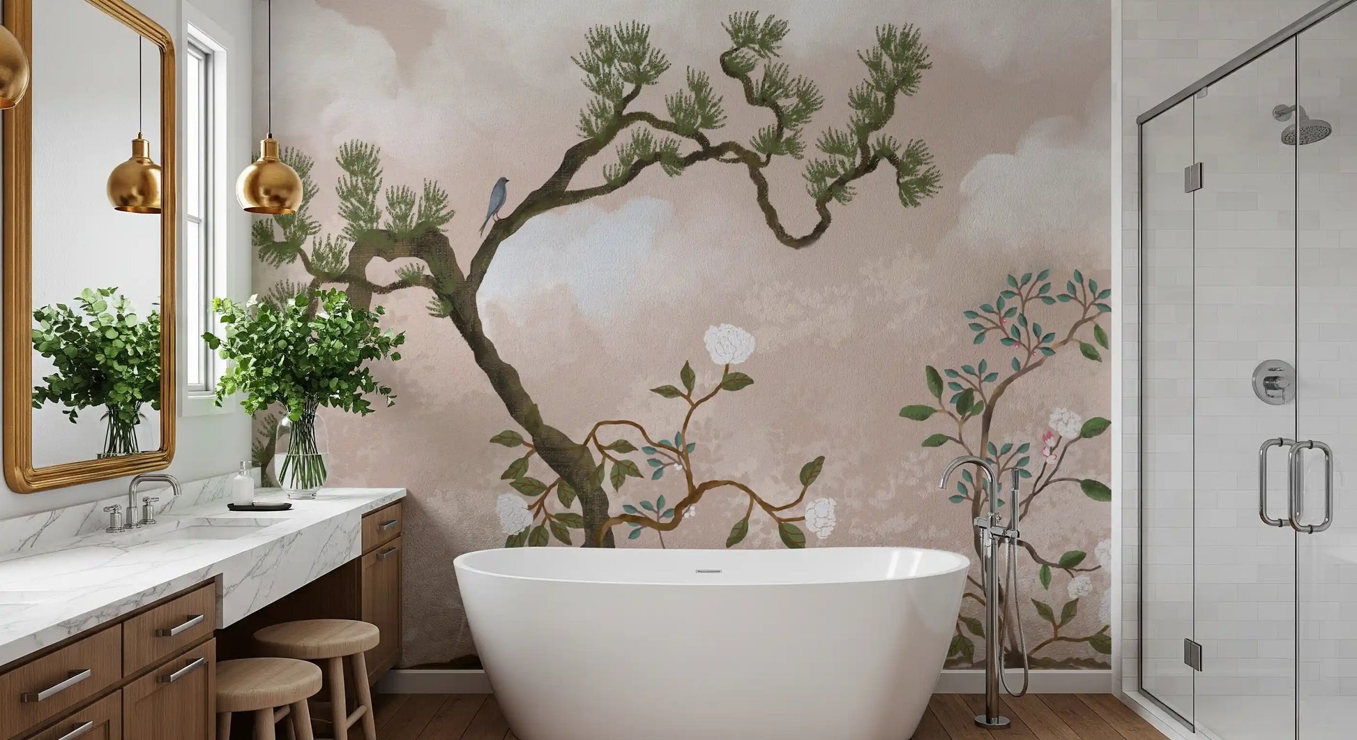 Picture a peaceful bathroom scene anchored by this serene chinoiserie wall mural.