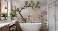 Picture a peaceful bathroom scene anchored by this serene chinoiserie wall mural.